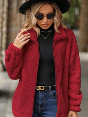 Fuzzy Pocketed Zip Up Jacket - Trendsi