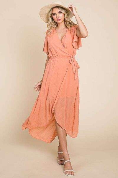 Culture Code Full Size Swiss Dot Tied Slit Short Sleeve Dress - Trendsi - Flyclothing LLC