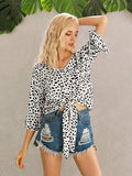 Tied Printed Button Up V-Neck Blouse - Trendsi - Flyclothing LLC
