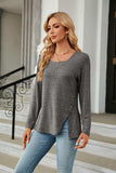 Square Neck Long Sleeve Slit T-Shirt - Trendsi