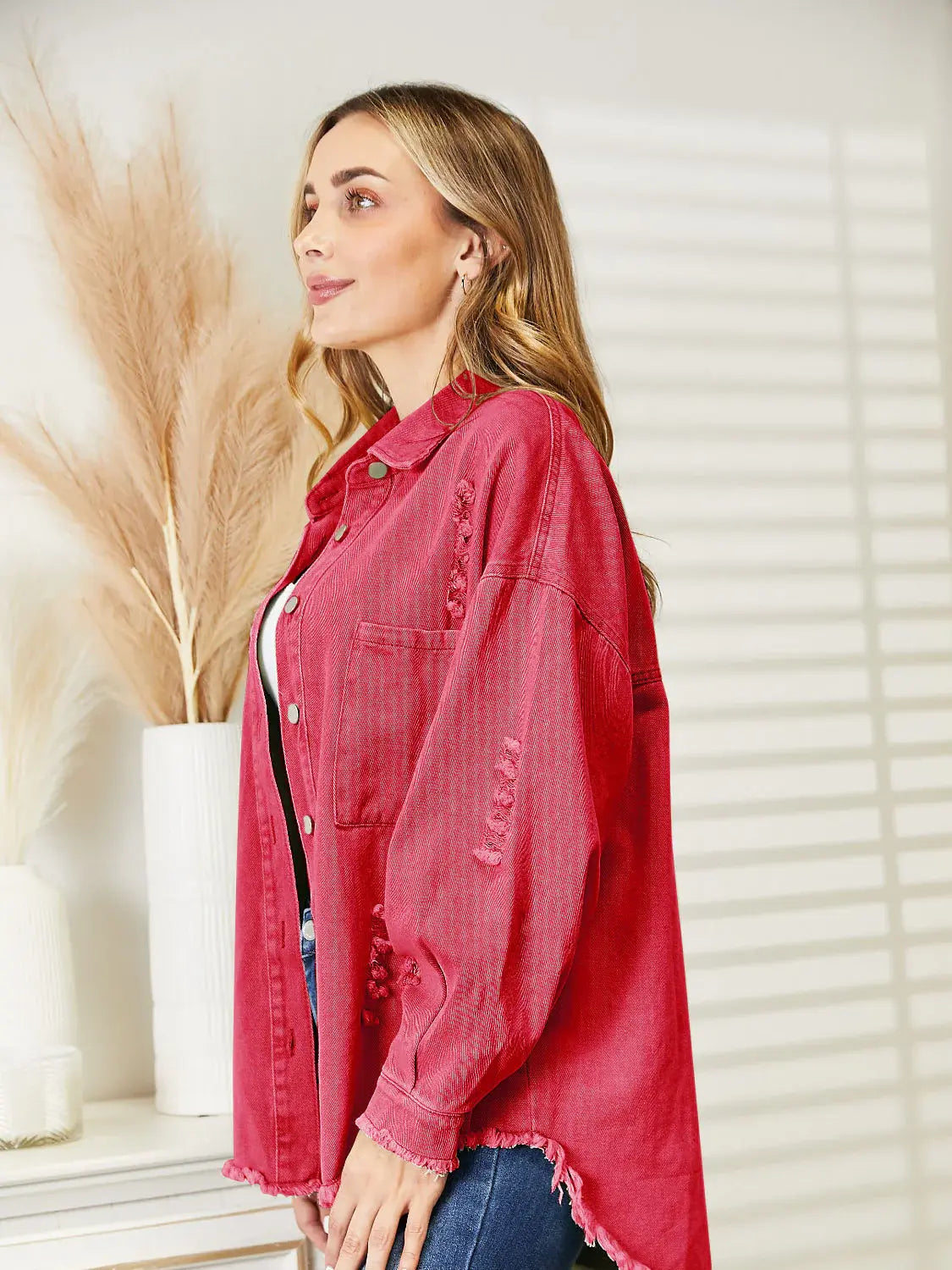 Distressed Raw Hem Denim Jacket - Trendsi - Flyclothing LLC