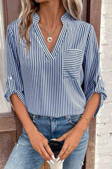 Striped Notched Roll-Tab Sleeve Shirt - Trendsi - Flyclothing LLC