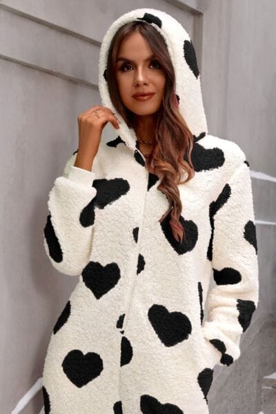 Fuzzy Heart Zip Up Hooded Lounge Jumpsuit - Trendsi