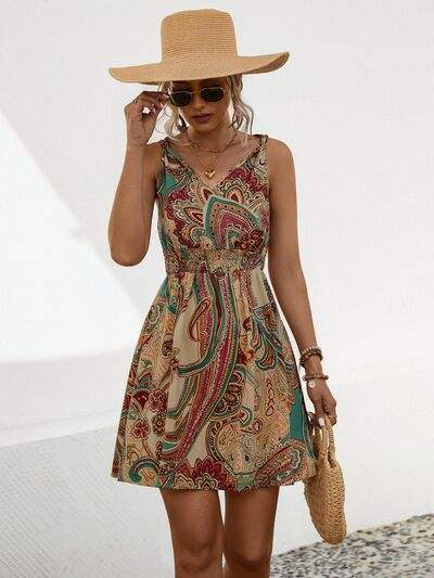 Smocked Printed V-Neck Mini Dress - Trendsi - Flyclothing LLC