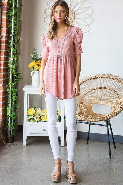 Heimish Full Size Waffle Knit V-Neck Babydoll Top - Trendsi - Flyclothing LLC