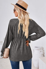 Ruched Round Neck Flounce Sleeve Blouse - Trendsi - Flyclothing LLC