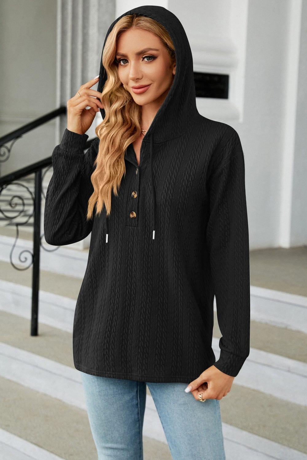 Cable-Knit Long Sleeve Hoodie - Trendsi