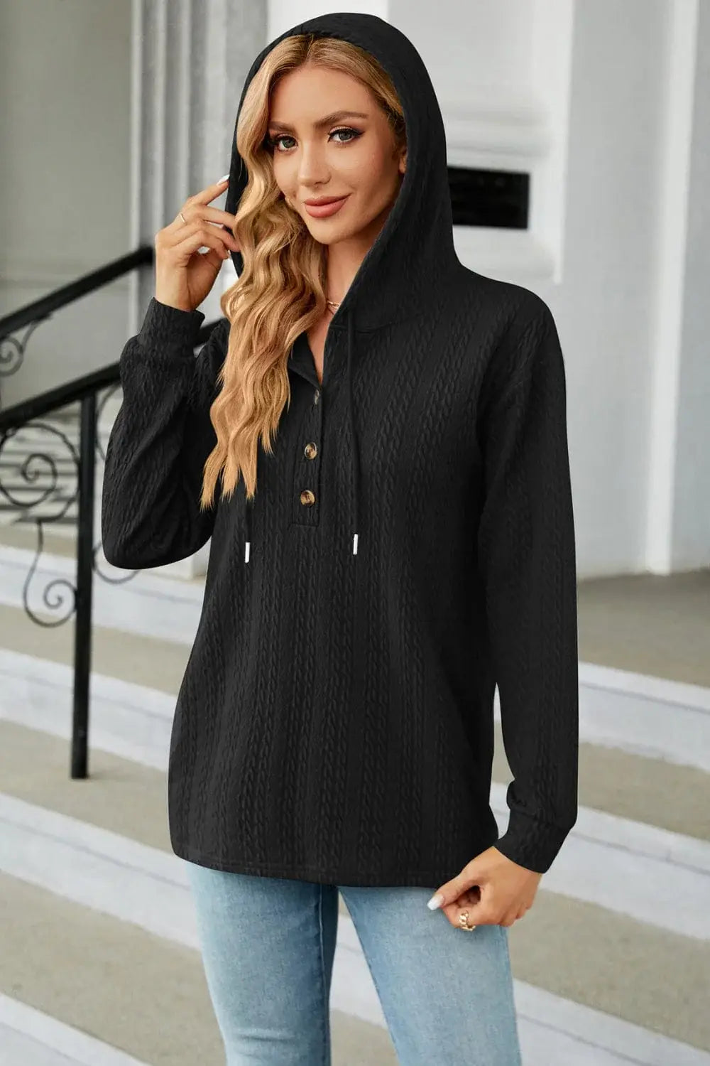 Cable-Knit Long Sleeve Hoodie - Trendsi - Flyclothing LLC
