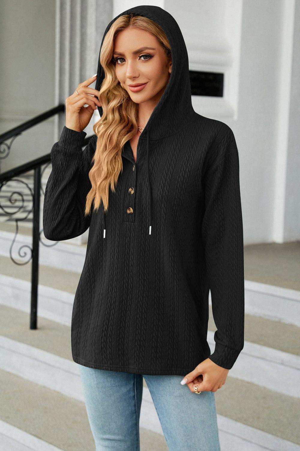 Cable-Knit Long Sleeve Hoodie - Trendsi - Flyclothing LLC