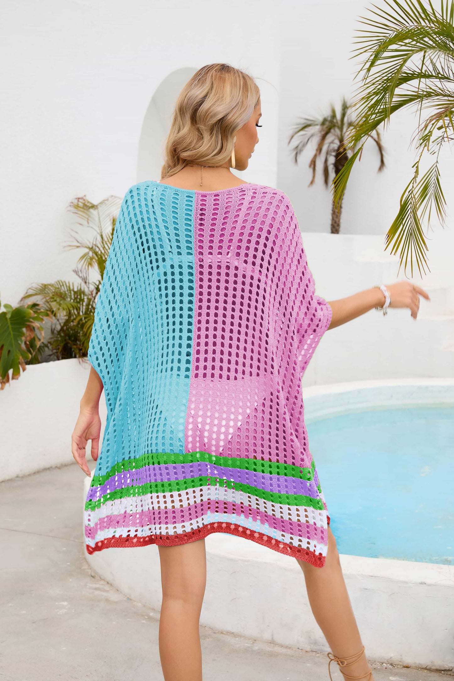 Contrast Scoop Neck Openwork Half Sleeve Cover Up - Trendsi - Flyclothing LLC