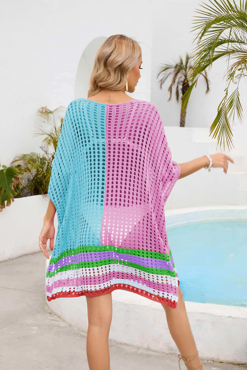 Contrast Scoop Neck Openwork Half Sleeve Cover Up - Trendsi - Flyclothing LLC
