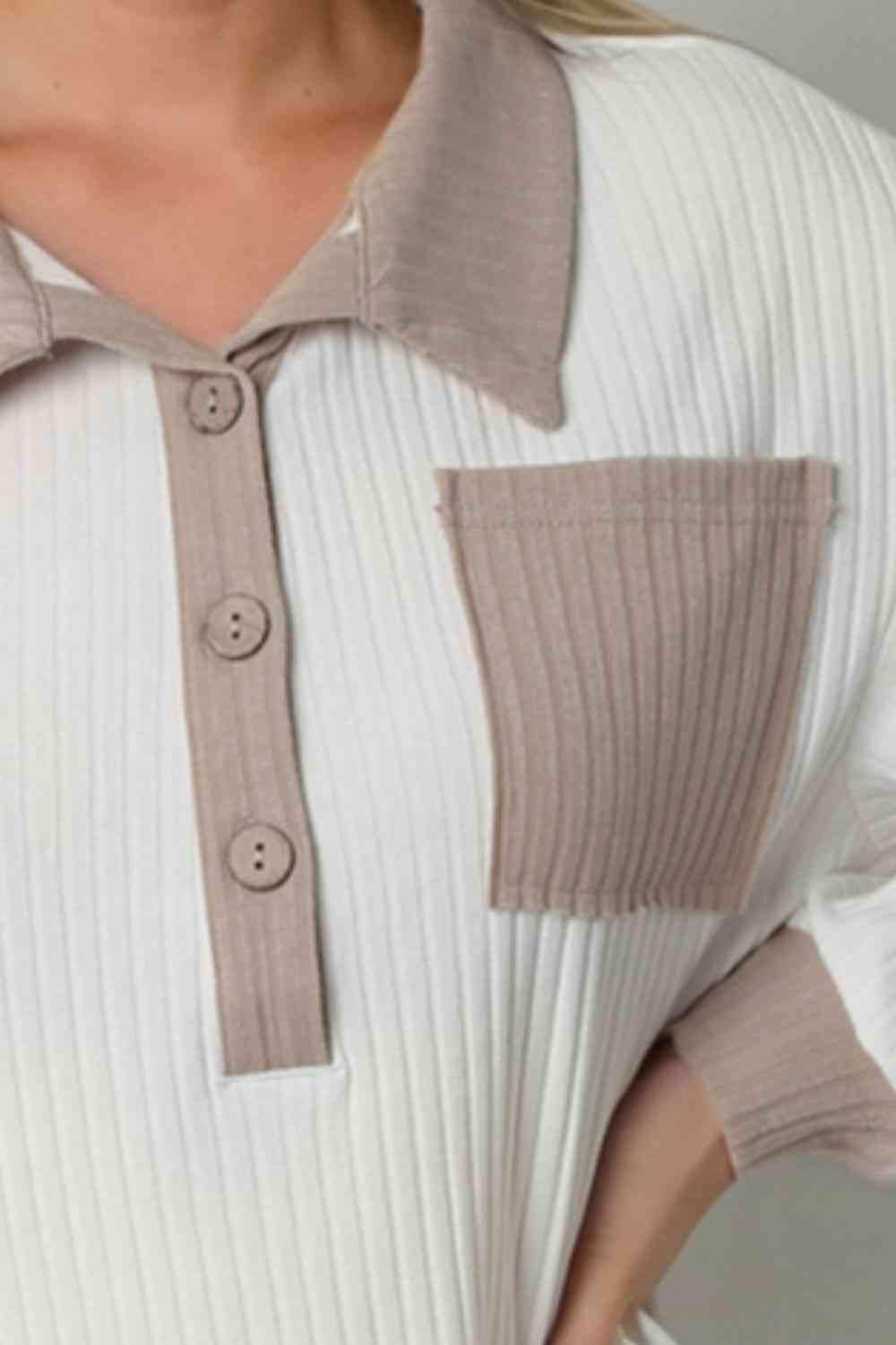 Contrast Collared Neck Top - Trendsi - Flyclothing LLC