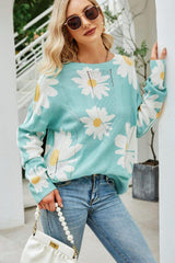 Daisy Print Openwork Round Neck Sweater - Trendsi