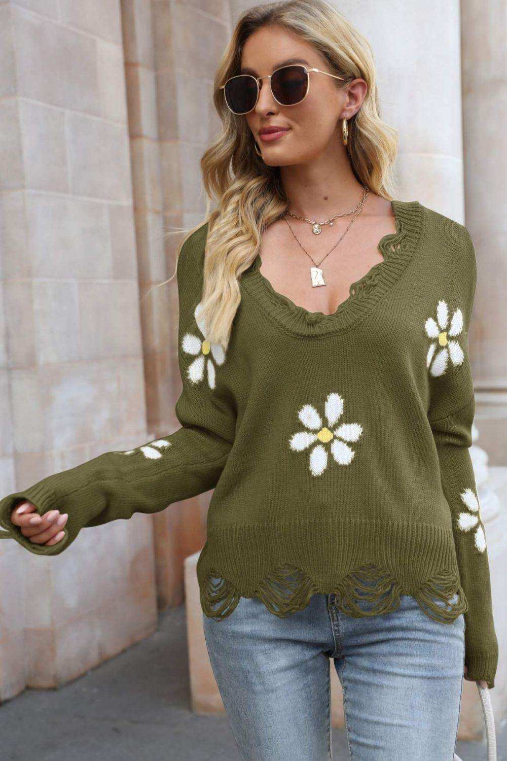 Flower Distressed Ribbed Trim Sweater - Trendsi - Flyclothing LLC