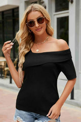 Asymmetrical Neck Rib-Knit Top - Trendsi - Flyclothing LLC