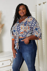 Double Take Tie Hem V-Neck Three-Quarter Sleeve Blouse - Trendsi - Flyclothing LLC