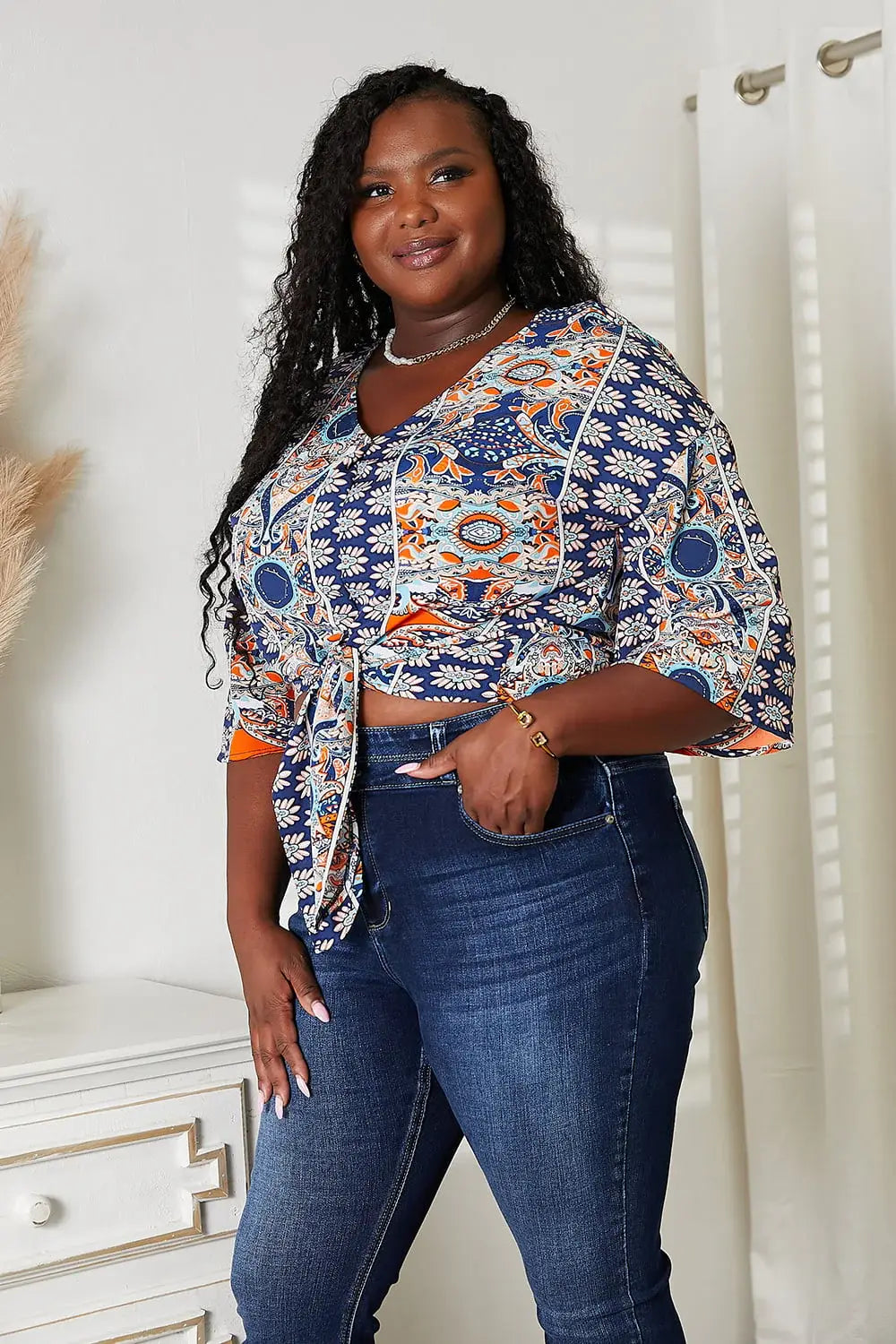 Double Take Tie Hem V-Neck Three-Quarter Sleeve Blouse - Trendsi - Flyclothing LLC