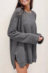 Waffle-Knit Round Neck Long Sleeve Sweatshirt - Trendsi - Flyclothing LLC