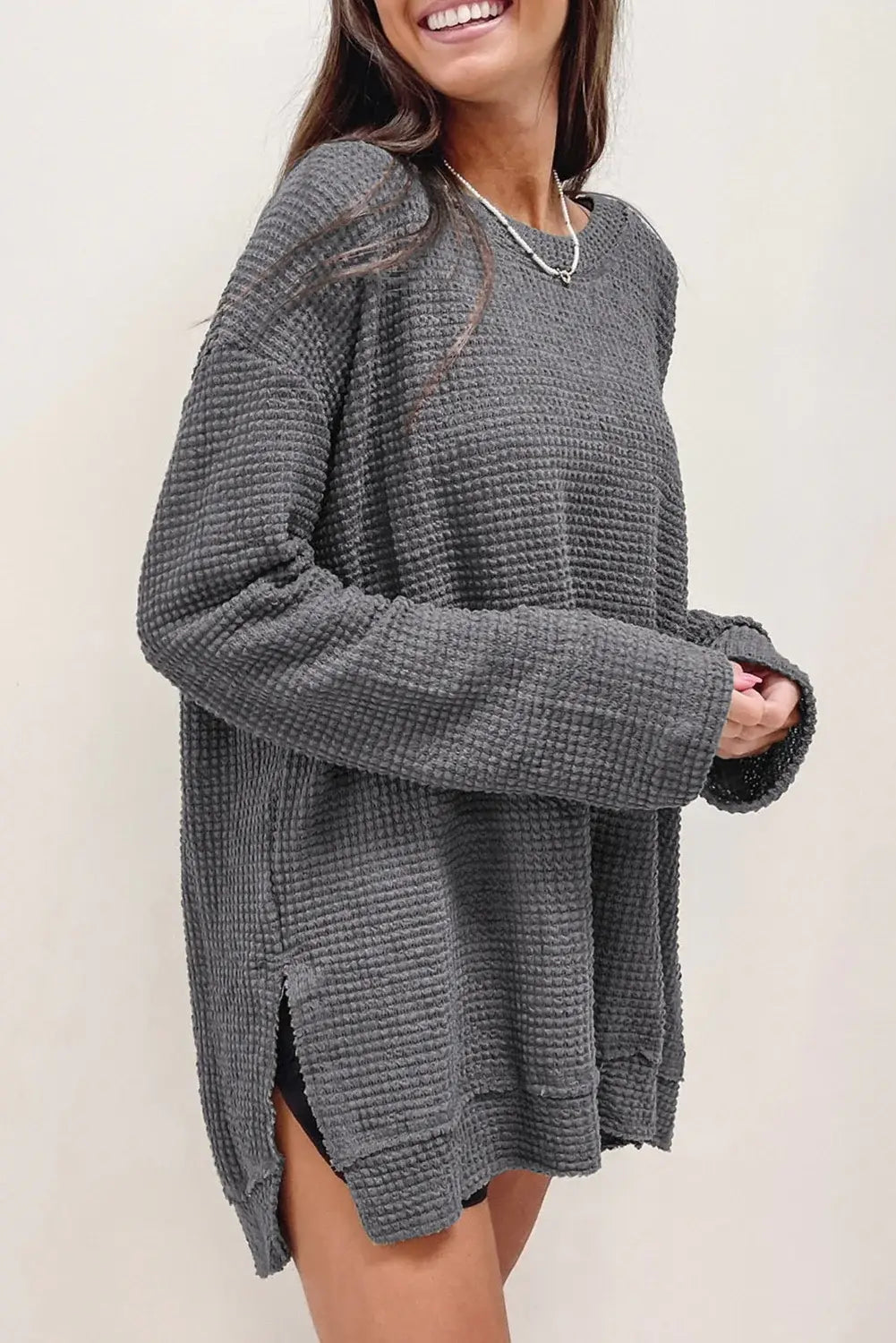 Waffle-Knit Round Neck Long Sleeve Sweatshirt - Trendsi - Flyclothing LLC