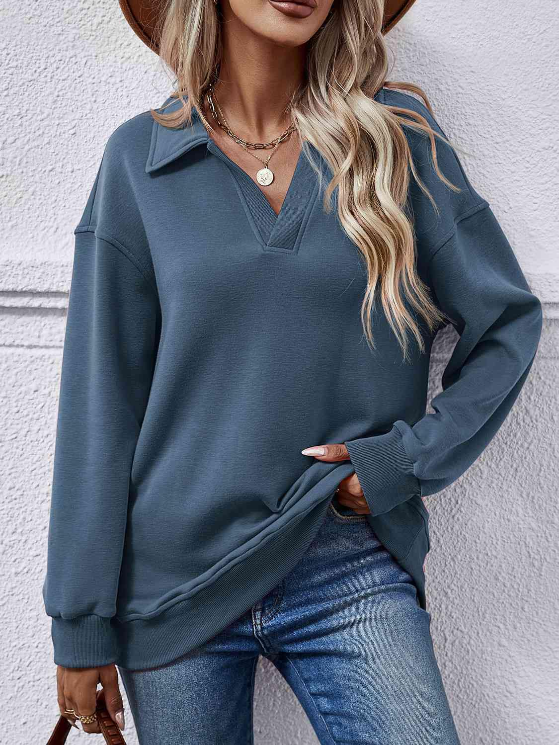 Collared Neck Dropped Shoulder Sweatshirt - Trendsi