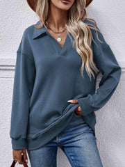 Collared Neck Dropped Shoulder Sweatshirt - Trendsi