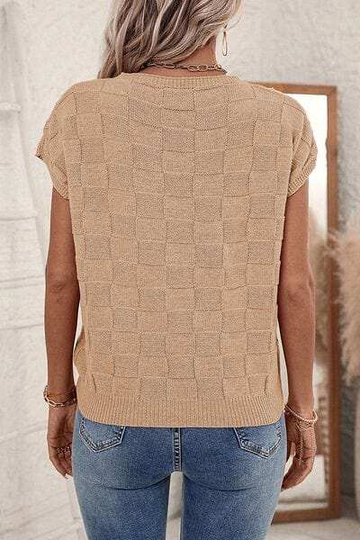 Pocketed Checkered Round Neck Knit Top - Trendsi - Flyclothing LLC
