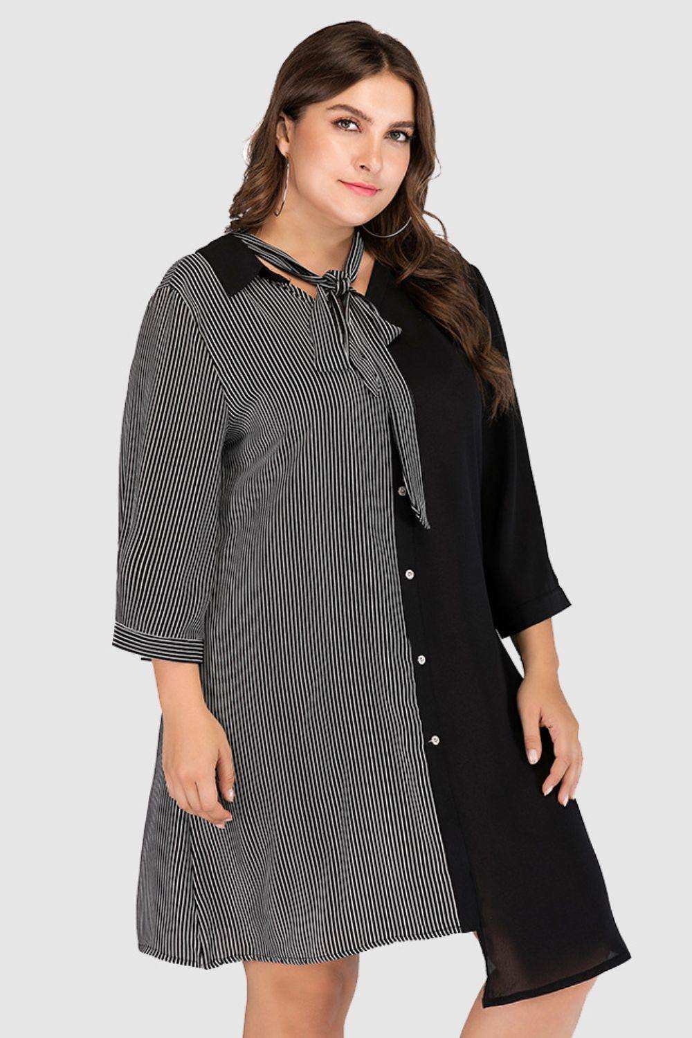 Plus Size Striped Color Block Tie-Neck Dress - Trendsi - Flyclothing LLC