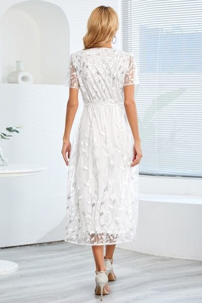 Sequin Leaf Embroidery Tie Front Short Sleeve Dress - Trendsi