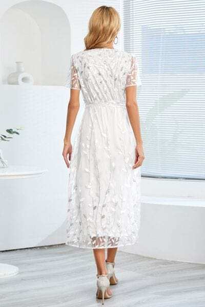 Sequin Leaf Embroidery Tie Front Short Sleeve Dress - Trendsi - Flyclothing LLC