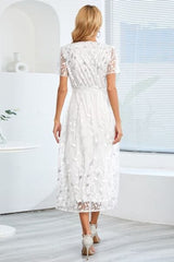 Sequin Leaf Embroidery Tie Front Short Sleeve Dress - Trendsi