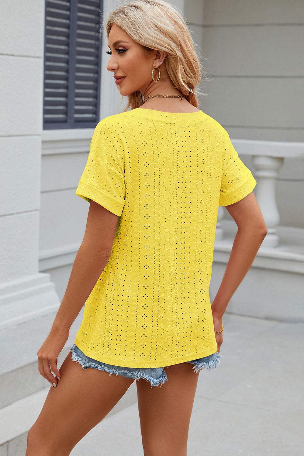 Eyelet V-Neck Short Sleeve T-Shirt - Trendsi - Flyclothing LLC