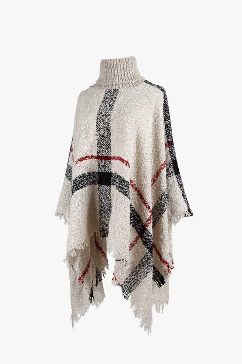 Plaid Turtleneck Raw Hem Poncho - Trendsi - Flyclothing LLC