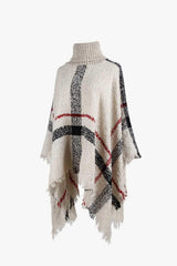 Plaid Turtleneck Raw Hem Poncho - Trendsi - Flyclothing LLC