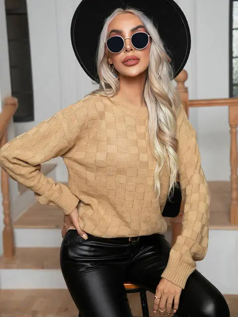 Round Neck Drop Shoulder Sweater - Trendsi - Flyclothing LLC