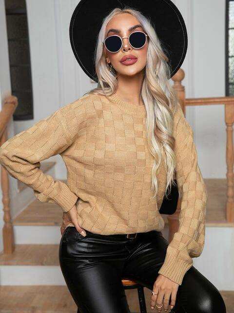 Round Neck Drop Shoulder Sweater - Trendsi - Flyclothing LLC