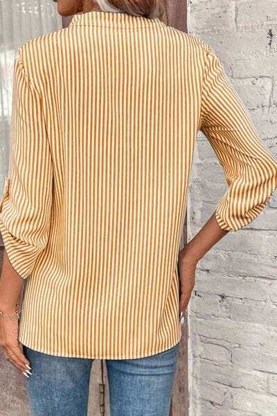 Striped Notched Roll-Tab Sleeve Shirt - Trendsi - Flyclothing LLC