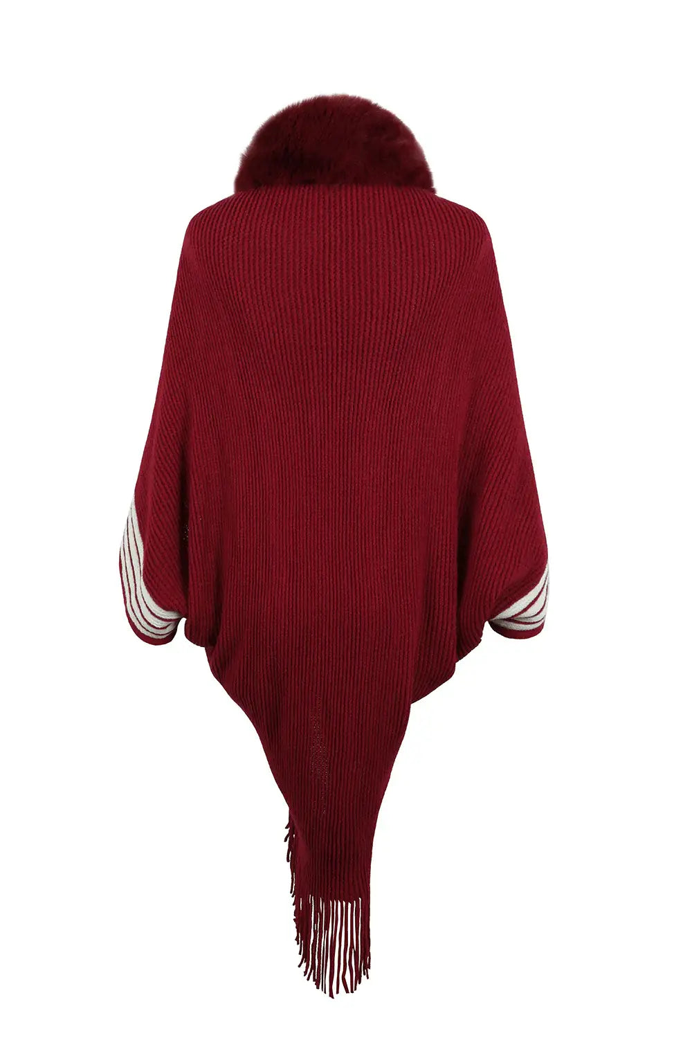 Striped Fringe Detail Long Sleeve Poncho - Trendsi - Flyclothing LLC