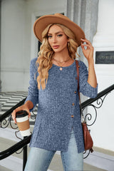 Buttoned Long Sleeve Slit Top - Trendsi