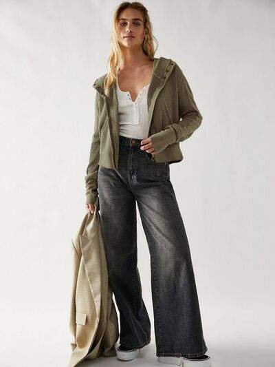 Waffle-Knit Dropped Shoulder Hooded Jacket - Trendsi - Flyclothing LLC