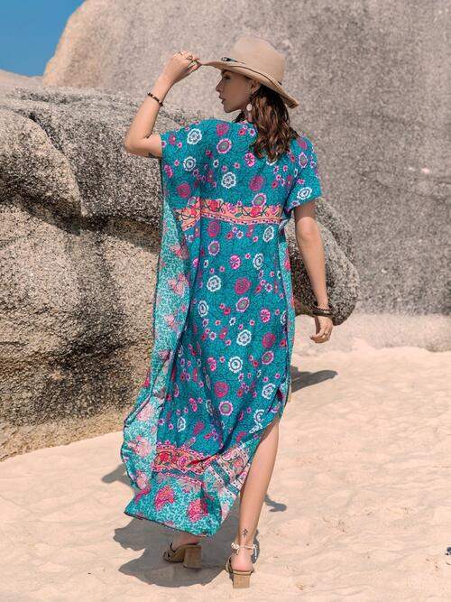 Printed Tie Neck Short Sleeve Dress - Trendsi - Flyclothing LLC