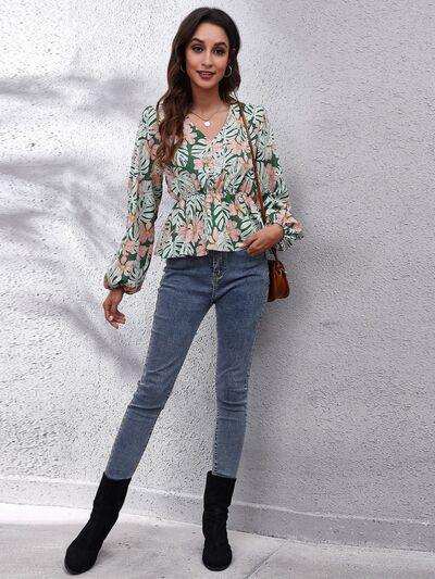 Floral V-Neck Balloon Sleeve Peplum Blouse - Trendsi - Flyclothing LLC