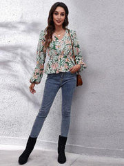Floral V-Neck Balloon Sleeve Peplum Blouse - Trendsi
