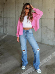 Ribbed Collared Neck Button Up Jacket - Trendsi