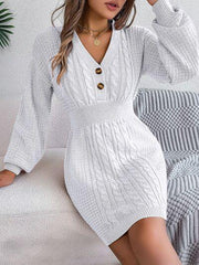 Buttoned Cable-Knit V-Neck Sweater Dress - Trendsi