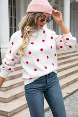 Polka Dot Round Neck Dropped Shoulder Sweater - Trendsi - Flyclothing LLC