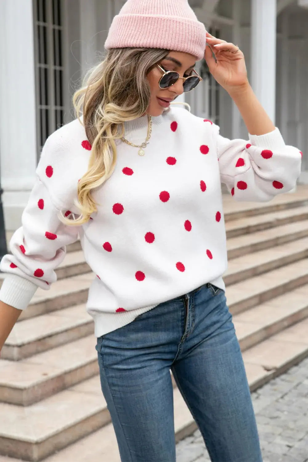 Polka Dot Round Neck Dropped Shoulder Sweater - Trendsi - Flyclothing LLC