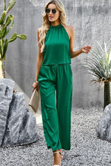 Grecian Neck Sleeveless Pocketed Top and Pants Set - Trendsi