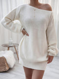Rib-Knit Balloon Sleeve Boat Neck Sweater Dress - Trendsi