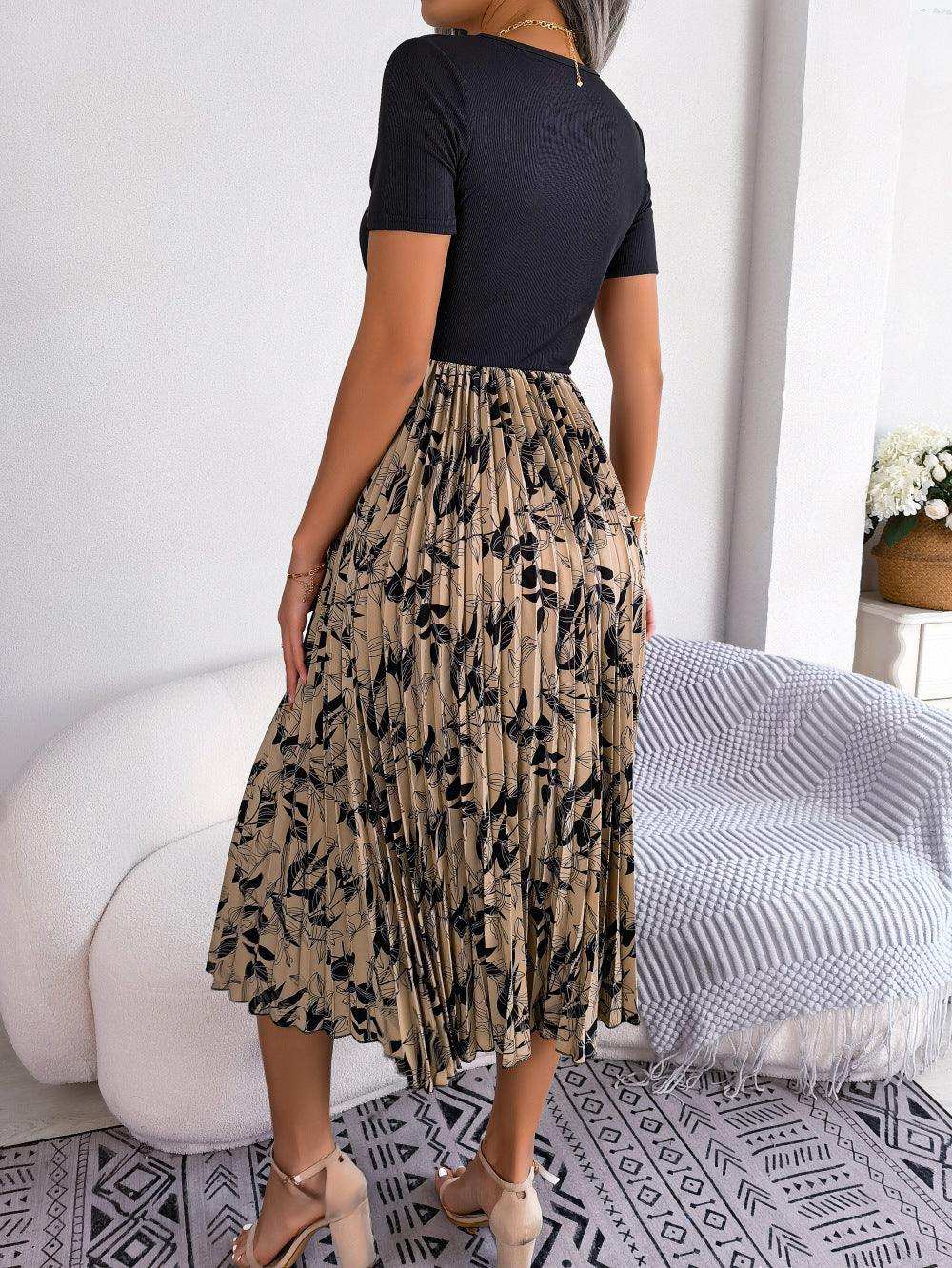 Printed Round Neck Pleated Dress - Trendsi - Flyclothing LLC