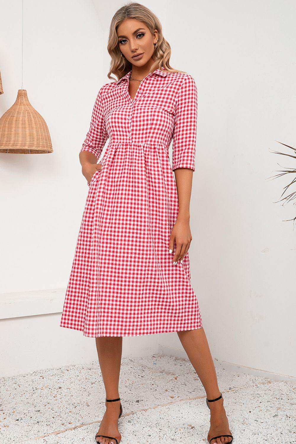 Plaid Collared Neck Midi Dress - Trendsi - Flyclothing LLC